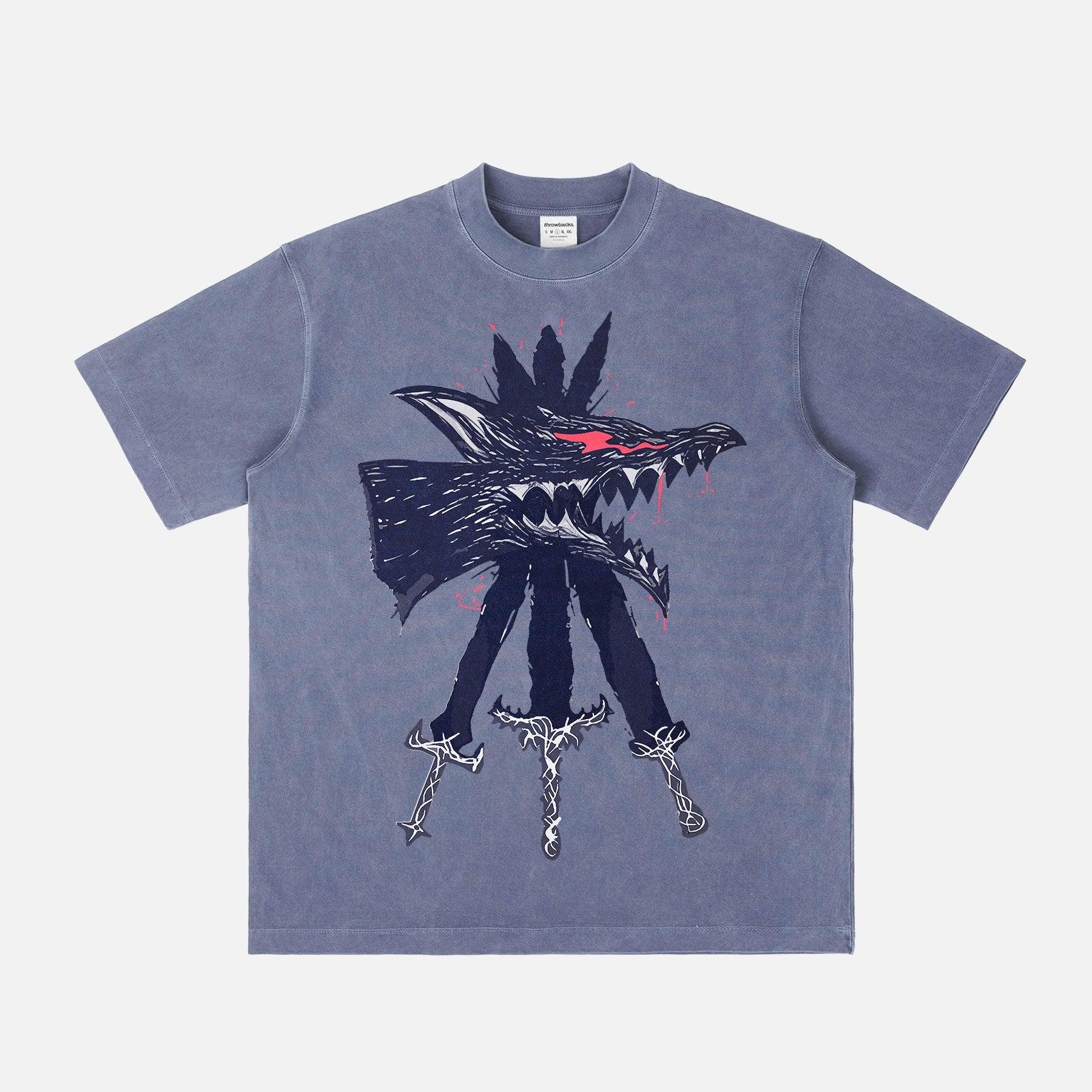 Berserk Beast of Darkness streetwear t-shirt on a faded blue heavyweight anime graphic tee for men and women for sale at Throwbacks