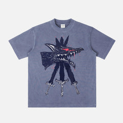 Berserk Beast of Darkness streetwear t-shirt on a faded blue heavyweight anime graphic tee for men and women for sale at Throwbacks