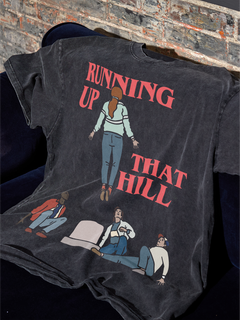 oversized distressed black stranger things t-shirt with max mayfield running up that hill vecna graphic for men and women for sale at throwbacks