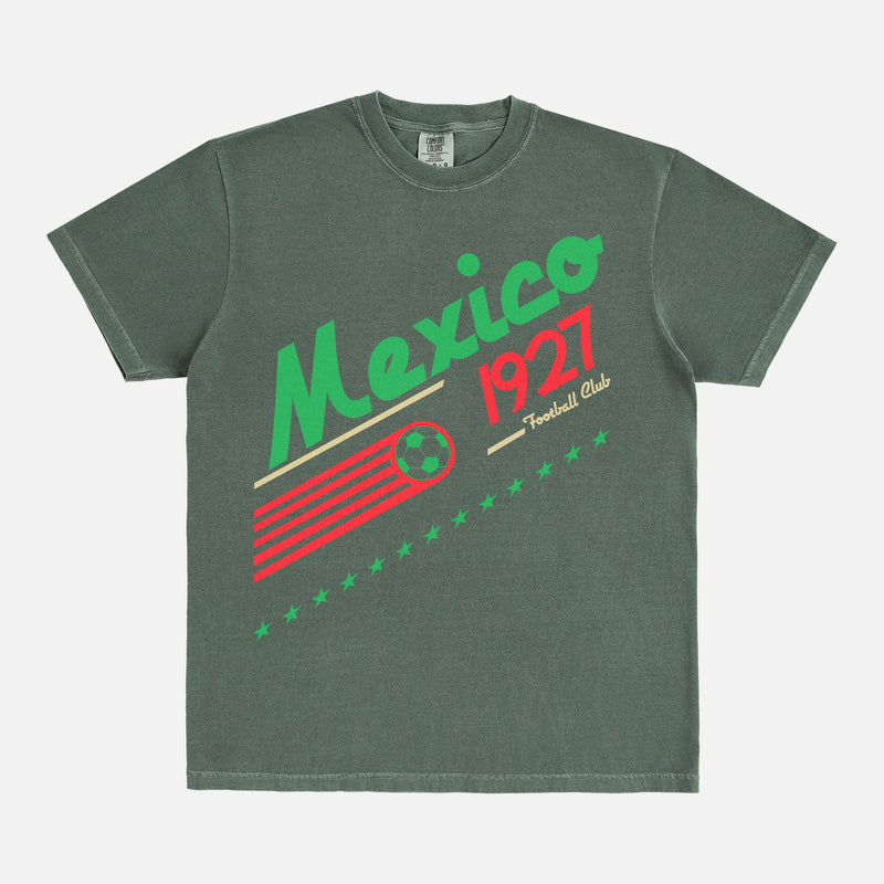 Retro Faded green Mexico Football Team World Cup Graphic t-shirt with old school 90s soccer design on a unisex comfort Colors tee