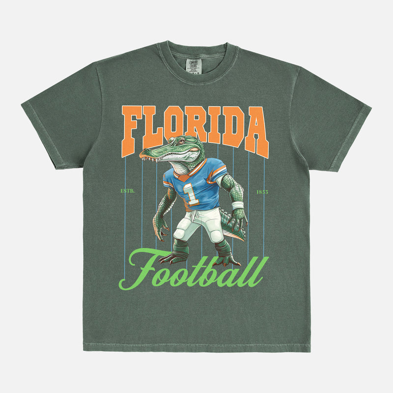 Vintage green Florida Gators College Football graphic tee with oversized gator pinstripes on a unisex comfort colors shirt