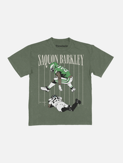 Retro Saquon Barkley backward hurdle graphic t-shirt, faded washed green Philadelphia Eagles football tee