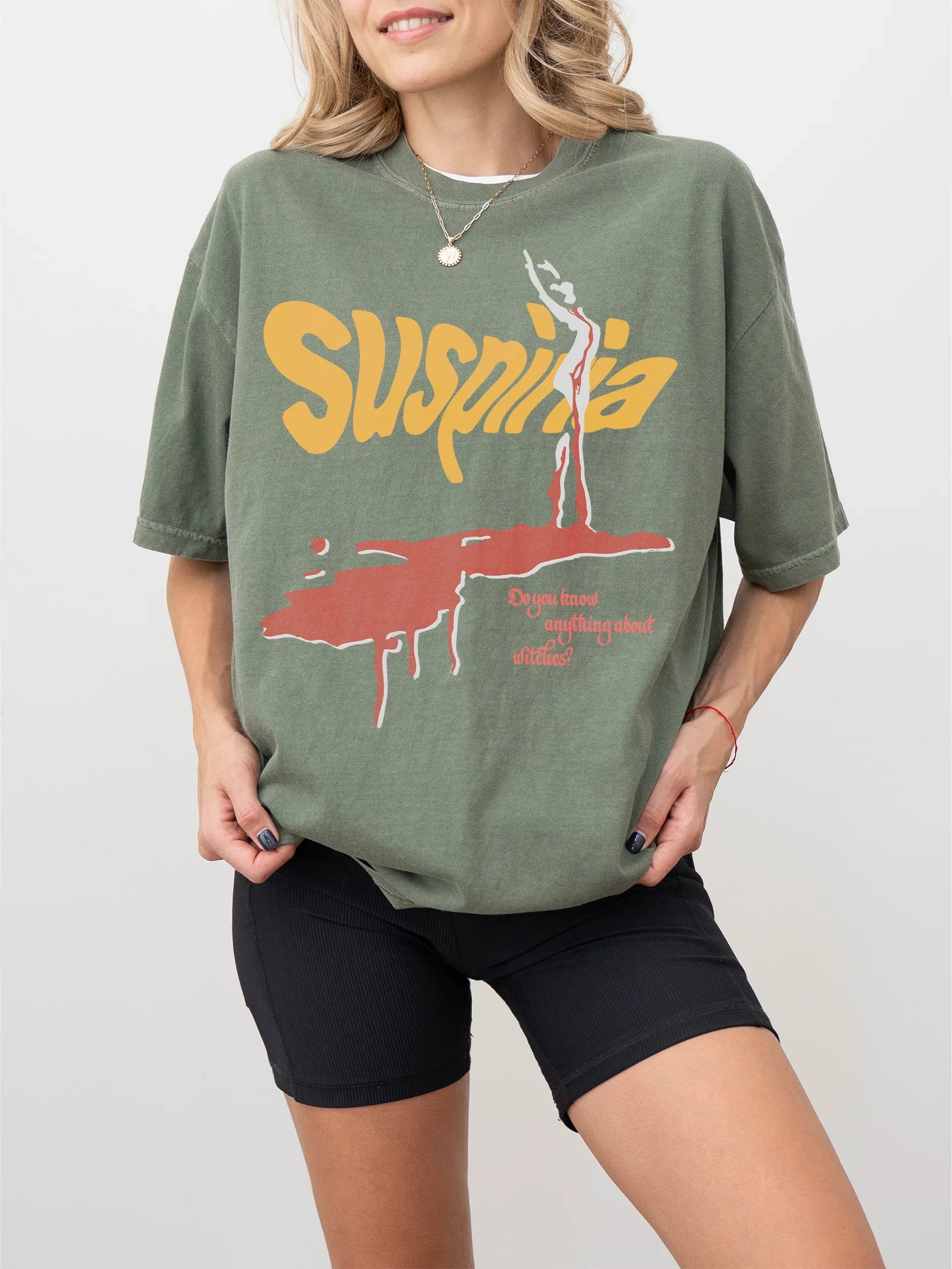Suspiria 1977 movie poster graphic tee shirt, vintage faded green Italian horror movie t-shirt