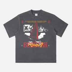 Cool streetwear style Berserk anime graphic tee with Dragonslayer and grunge manga art on a heavyweight distressed black t-shirt