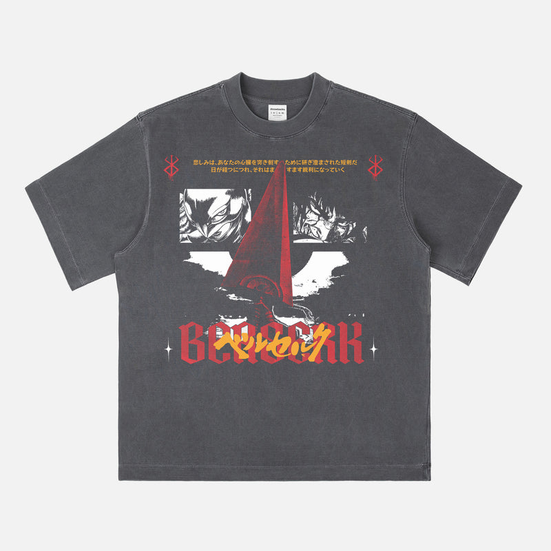 Cool streetwear style Berserk anime graphic tee with Dragonslayer and grunge manga art on a heavyweight distressed black t-shirt