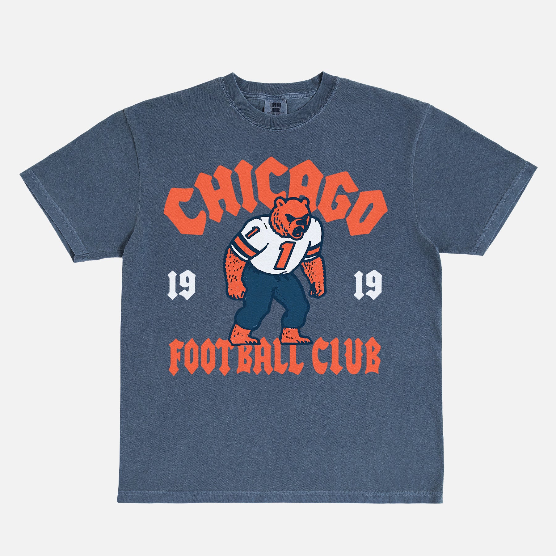 Vintage Chicago Bears NFL streetwear t-shirt with throwback retro bear mascot logo on a faded navy graphic tee