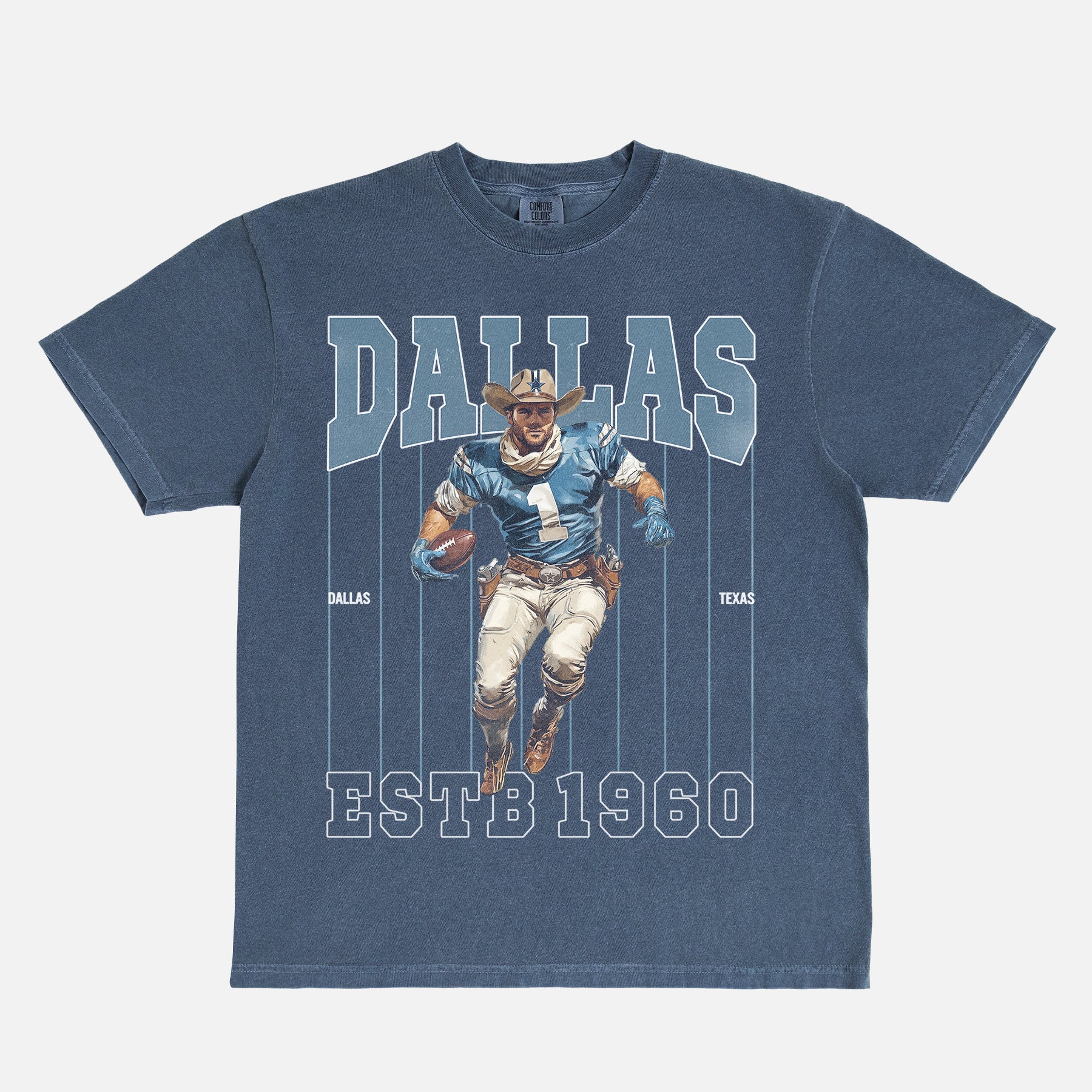 Cool vintage Dallas Cowboys t-shirt with retro mascot and pinstripes on a faded navy comfort colors graphic tee