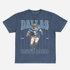 Cool vintage Dallas Cowboys t-shirt with retro mascot and pinstripes on a faded navy comfort colors graphic tee