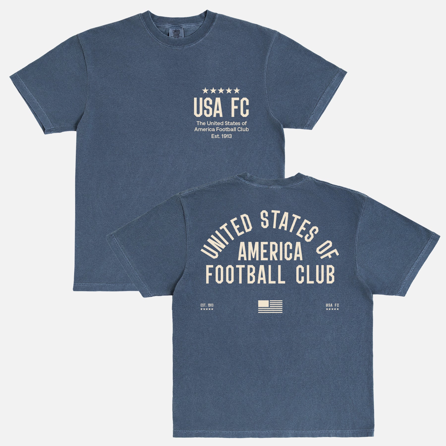 Cool Vintage United States USA FC World Cup team t-shirt with old school jersey lettering on a faded navy unisex comfort colors t-shirt