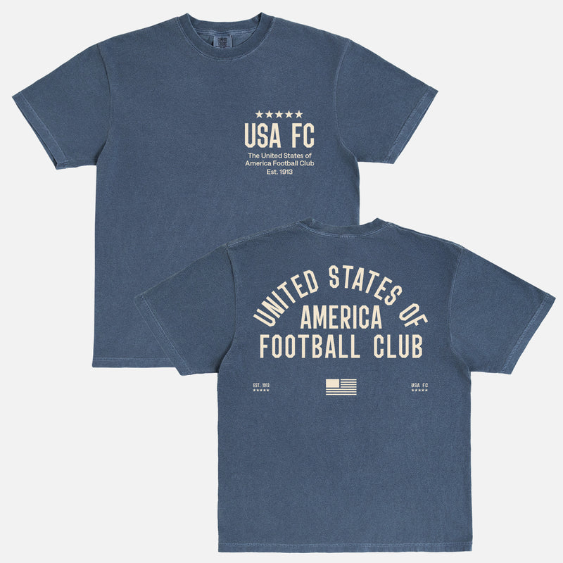 Cool Vintage United States USA FC World Cup team t-shirt with old school jersey lettering on a faded navy unisex comfort colors t-shirt