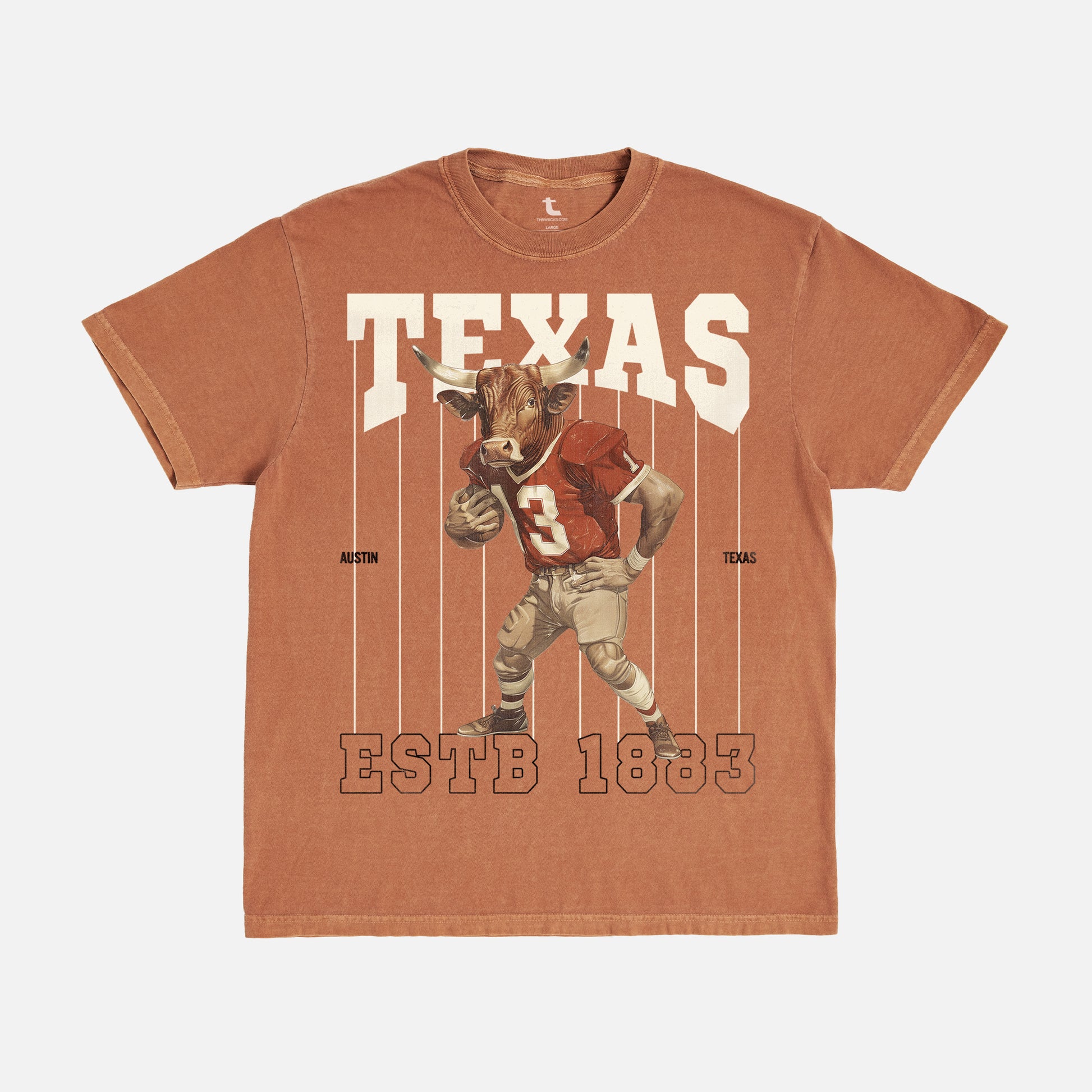Vintage faded orange texas longhorns football mascot graphic t-shirt on Comfort Colors unisex tee for men and women