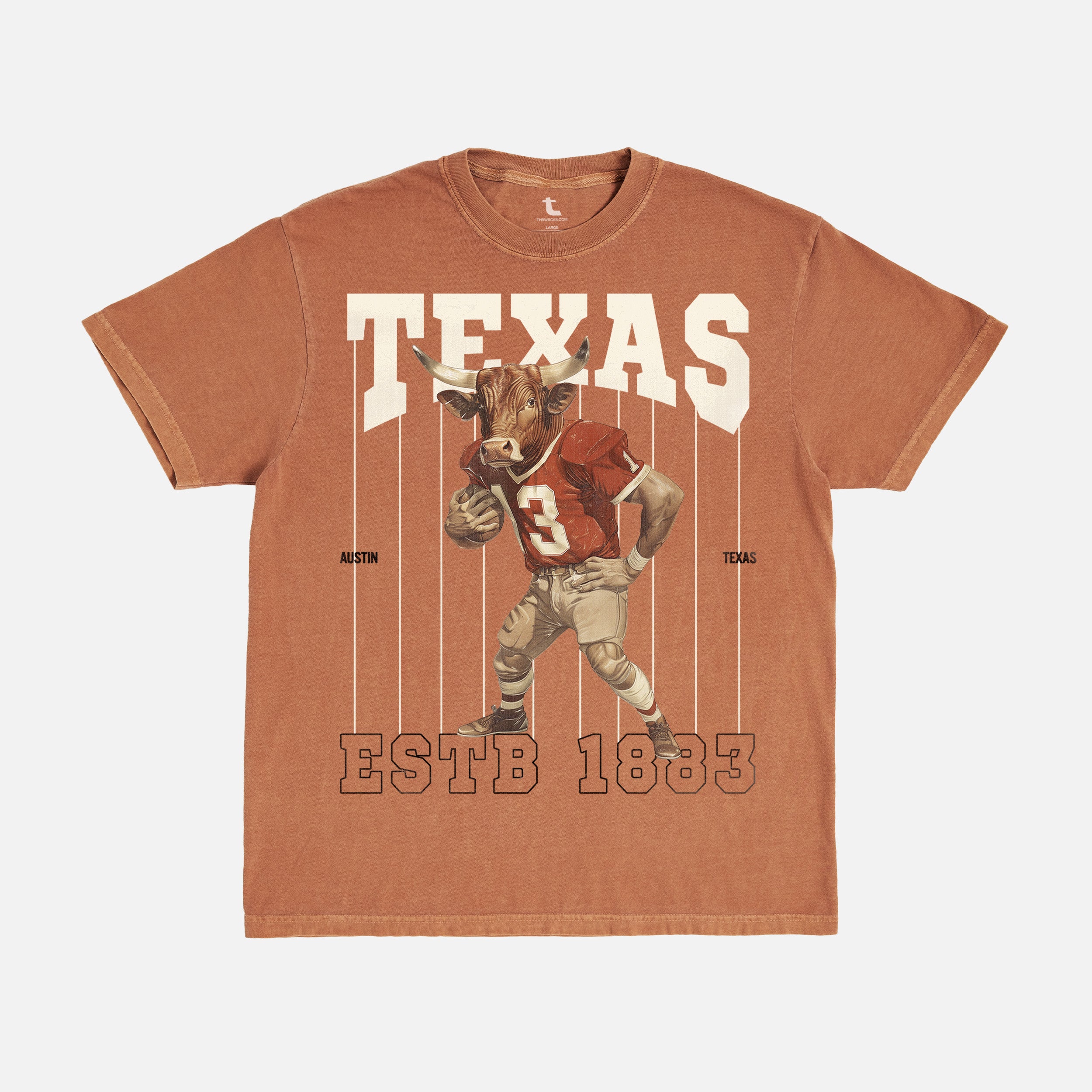 Vintage faded orange texas longhorns football mascot graphic t-shirt on Comfort Colors unisex tee for men and women