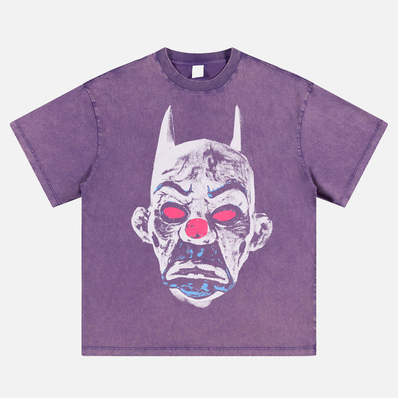 The Dark Knight movie streetwear t-shirt, distressed batman joker portrait graphic tee in purple