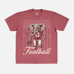 washed red oversized Alabama Crimson Tide elephant mascot graphic t-shirt for Bama football fans with retro vintage pinstripes