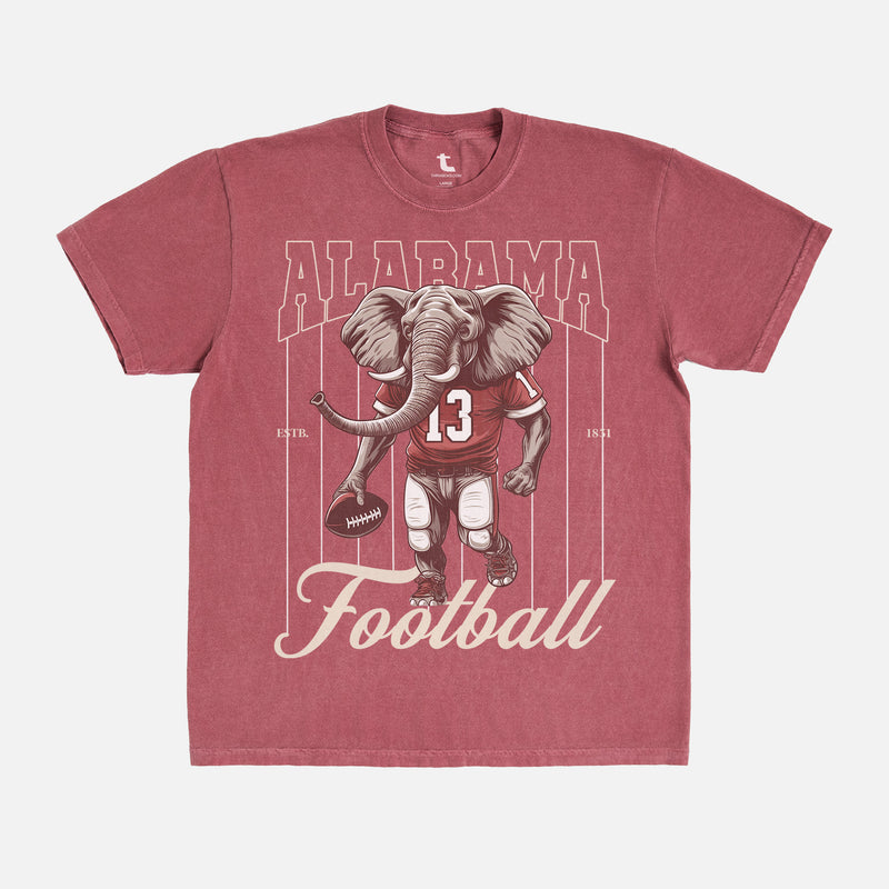 washed red oversized Alabama Crimson Tide elephant mascot graphic t-shirt for Bama football fans with retro vintage pinstripes