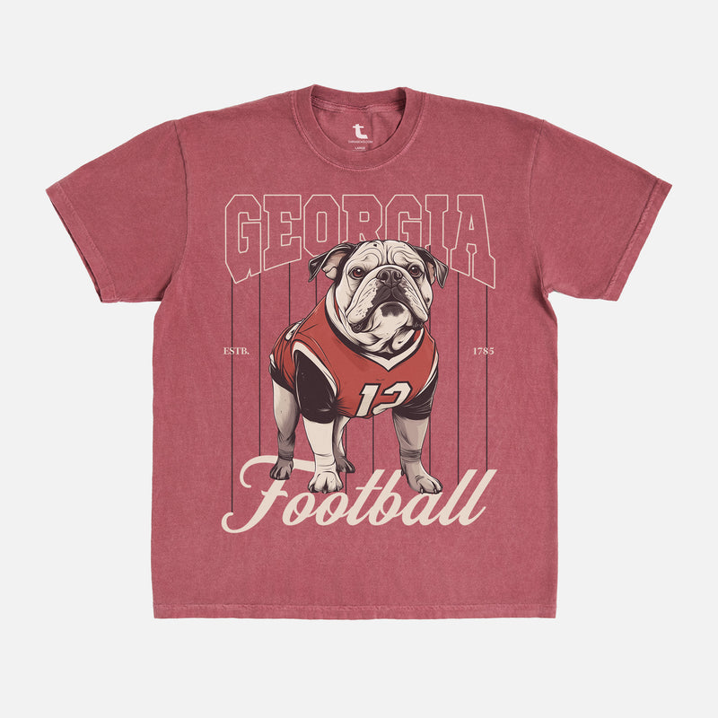 Vintage faded washed red Georgia Bulldogs graphic tee for Georgia football fans with vintage uggams mascot design for men and women
