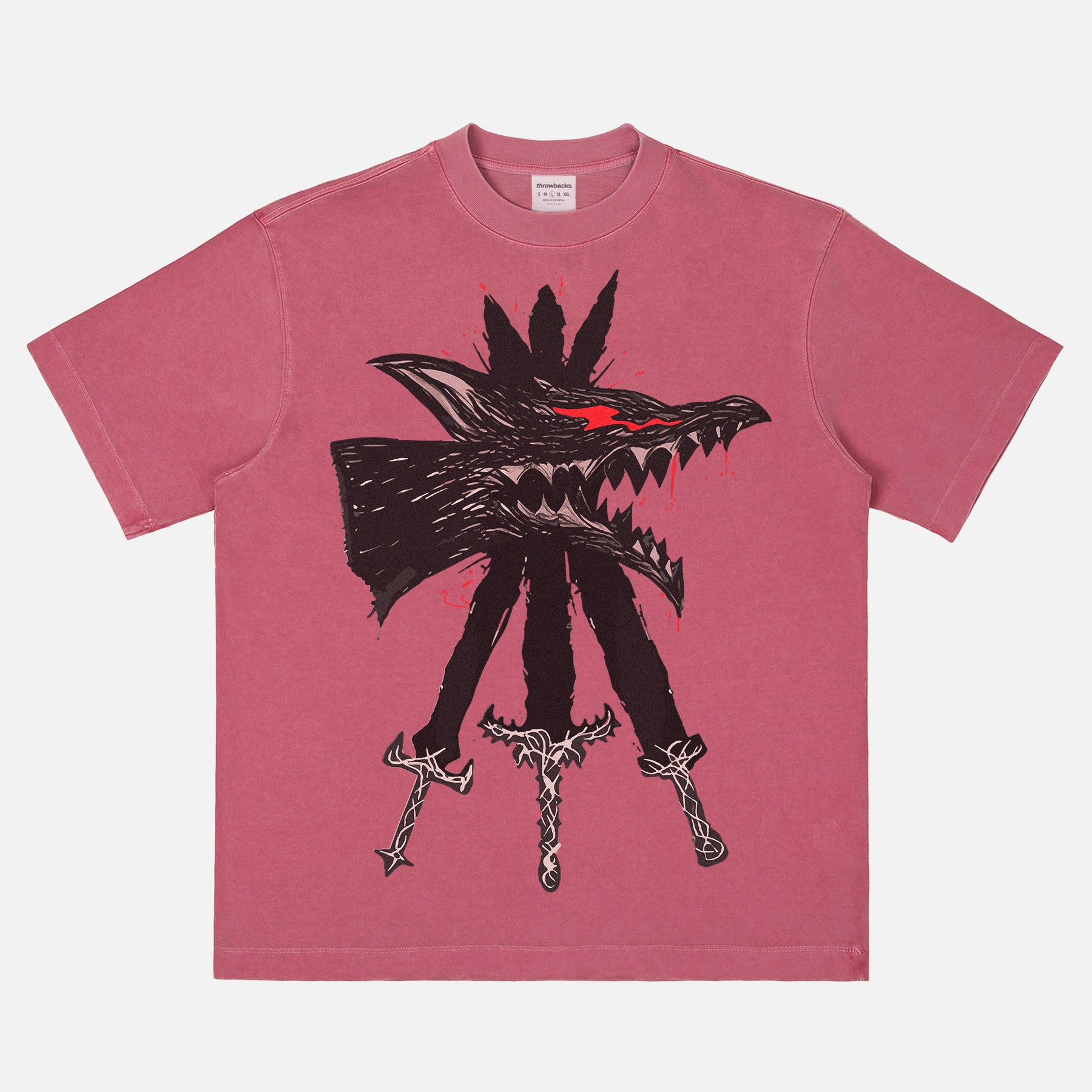 Berserk Beast of Darkness streetwear t-shirt on a faded red heavyweight anime graphic tee for men and women for sale at Throwbacks