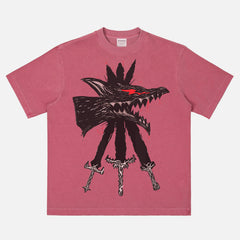 Berserk Beast of Darkness streetwear t-shirt on a faded red heavyweight anime graphic tee for men and women for sale at Throwbacks