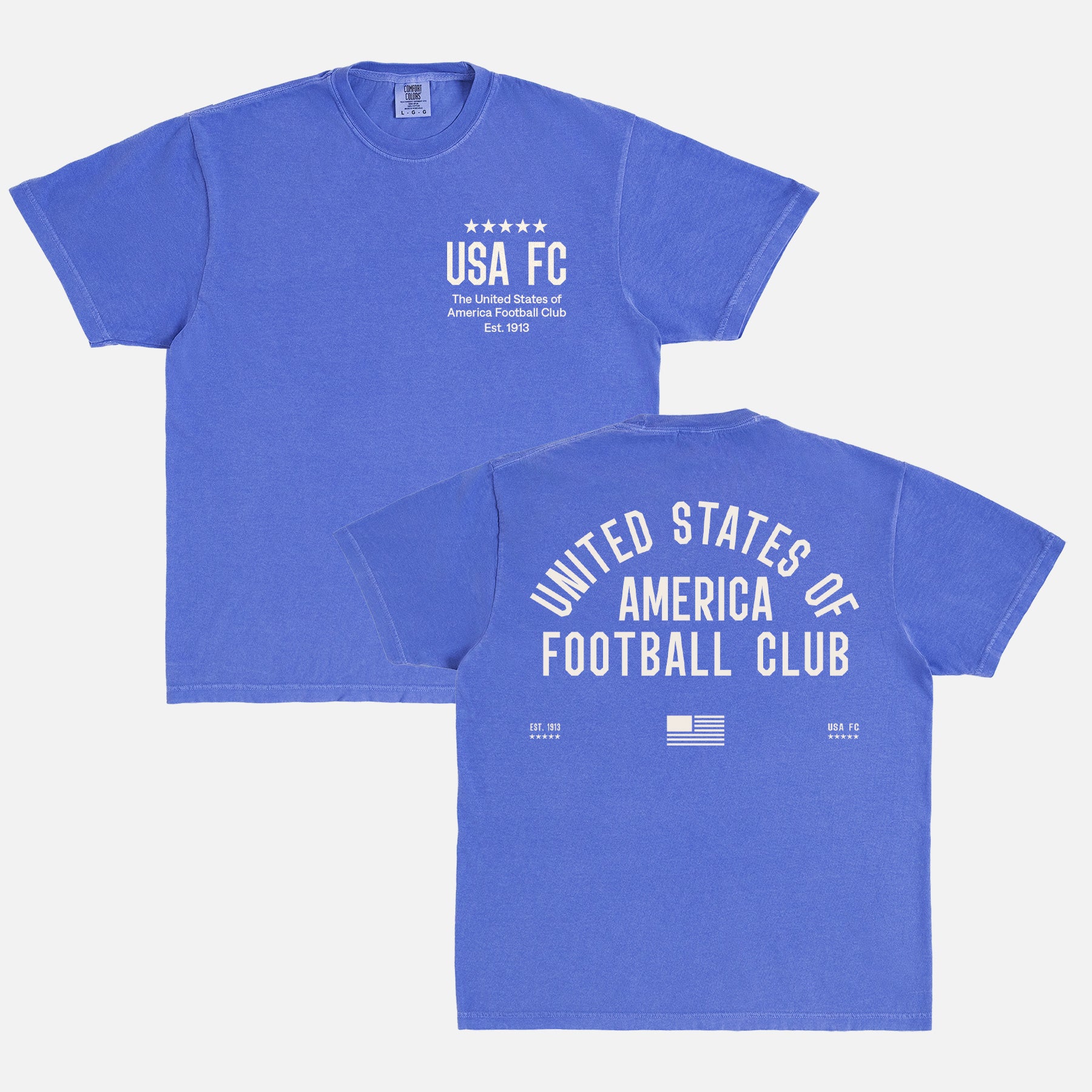 Cool Vintage United States USA FC World Cup team t-shirt with old school jersey lettering on a faded blue unisex comfort colors t-shirt
