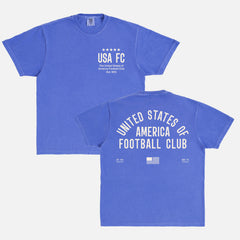 Cool Vintage United States USA FC World Cup team t-shirt with old school jersey lettering on a faded blue unisex comfort colors t-shirt