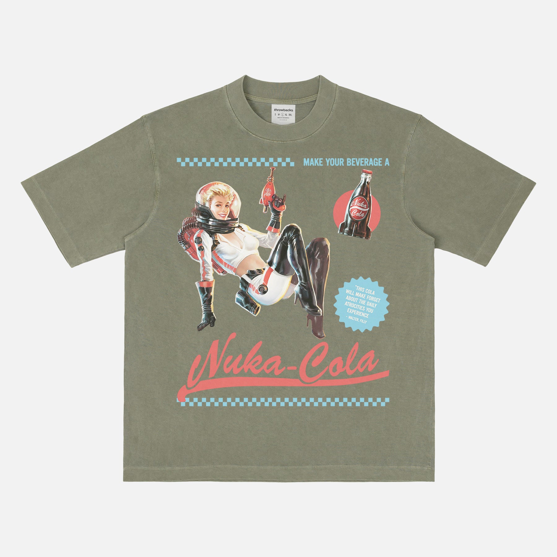 Retro faded washed green Nuka Cola Space Girl Graphic T-Shirt with vintage red and blue video game ad for Fallout fans
