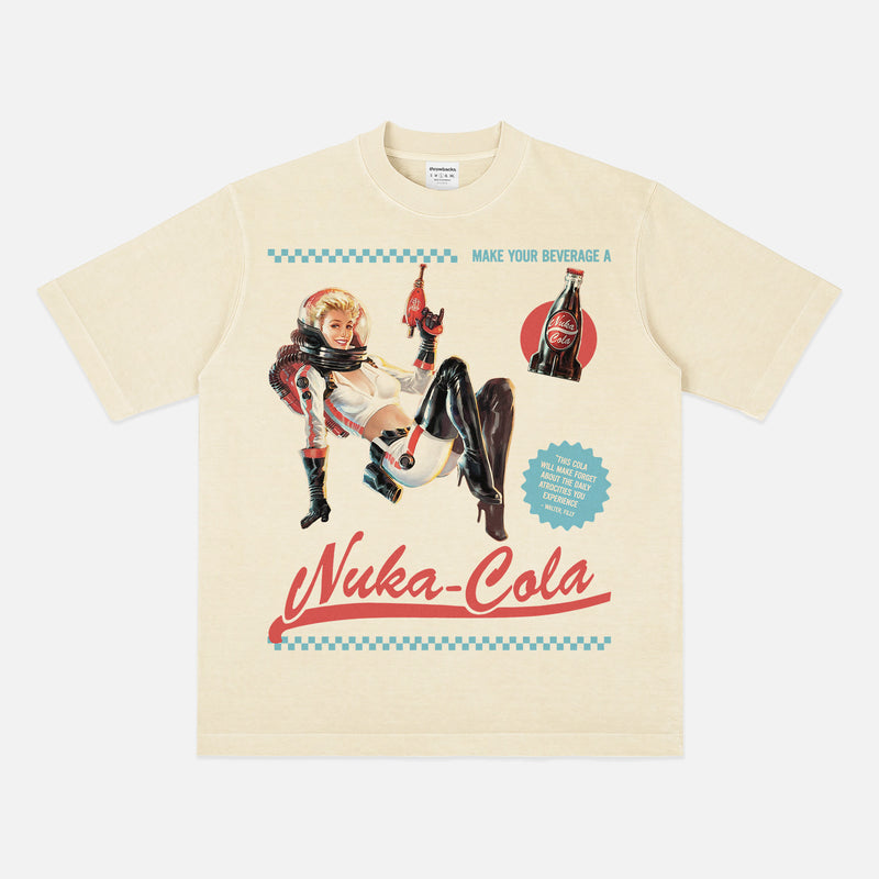 Cool Grunge Nuka Cola Space Girl Graphic T-Shirt, Beige off white Fallout video game TV Show fan shirt in black