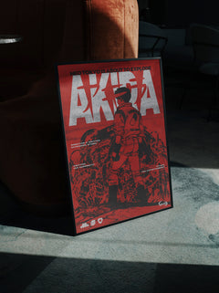 Framed Akira anime poster with grunge red and black illustration for manga fans and fans of 80s anime movies
