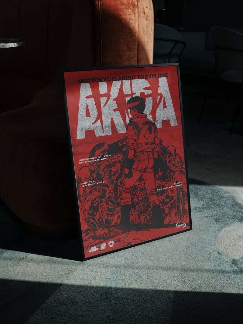 Framed Akira anime poster with grunge red and black illustration for manga fans and fans of 80s anime movies