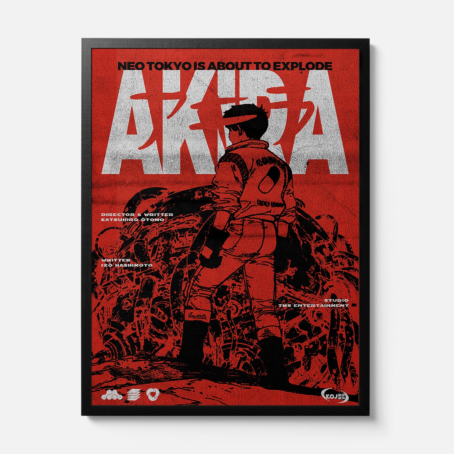 Framed Akira Neo-Tokyo anime poster with grunge red and black illustration for manga fans and fans of 80s anime movies