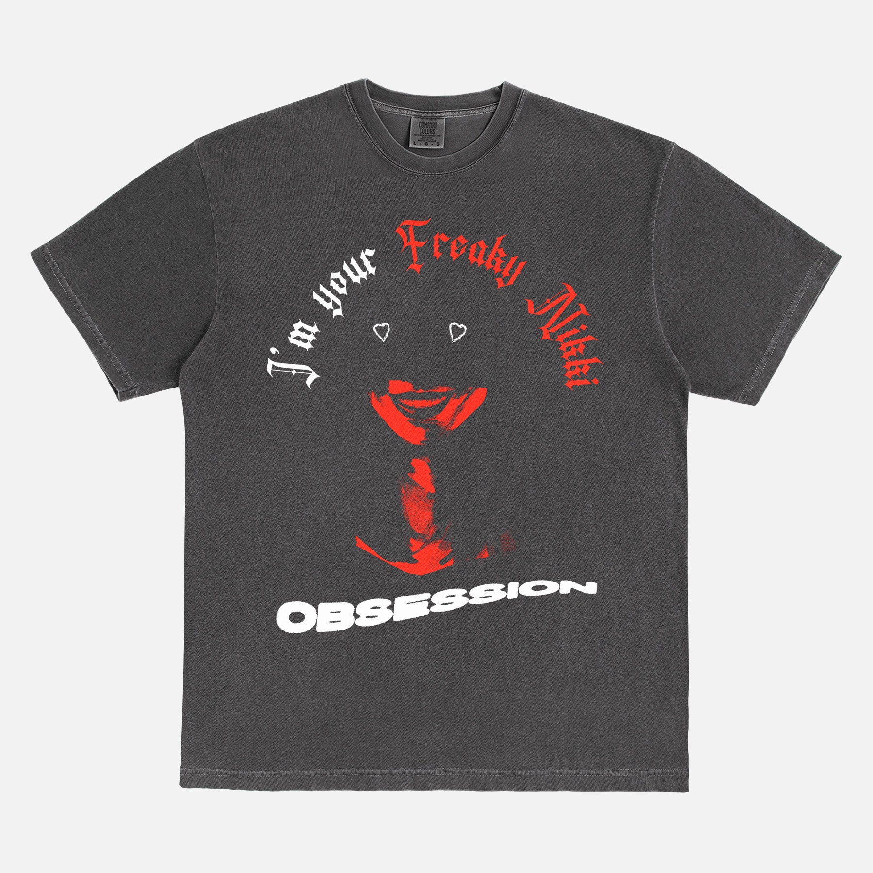 Grunge Obsession movie streetwear t-shirt with Nikki movie quote and poster text on a faded black comfort colors tee