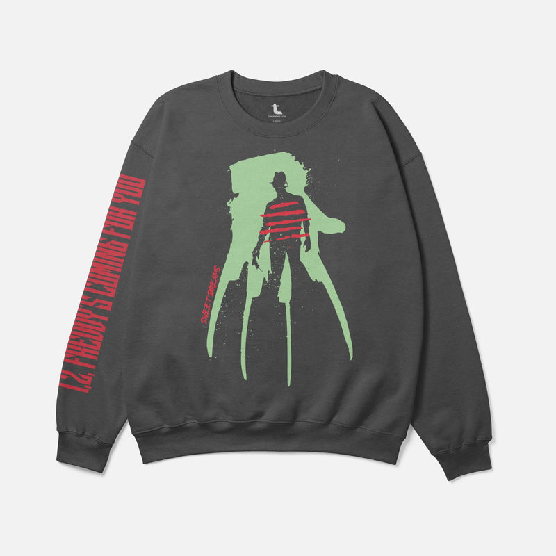 Freddy Krueger sweatshirt, retro 80s dark grey red and green horror movie Nightmare on Elm Street crewneck sweater with sleeve text print 