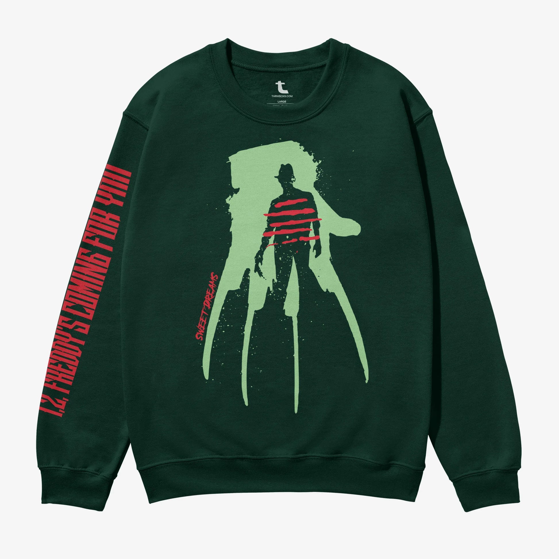Freddy Krueger sweatshirt, retro 80s horror movie Nightmare on Elm Street crewneck sweater with sleeve text print 