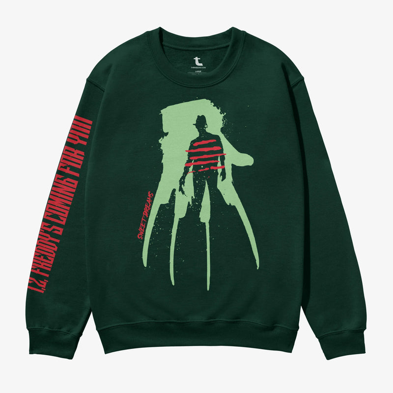 Freddy Krueger sweatshirt, retro 80s horror movie Nightmare on Elm Street crewneck sweater with sleeve text print 