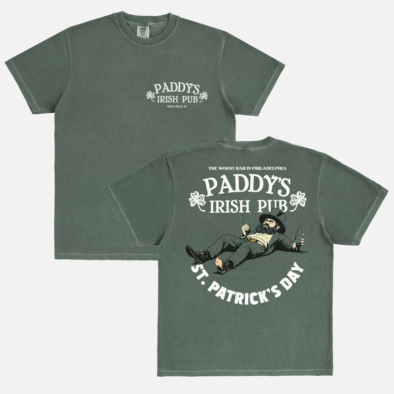 Faded Green Its Always Sunny in Philadelphia Paddy's Irish Pub Graphic Tee, Philly St. Patrick's Day TV Show memorabilia promo t-shir