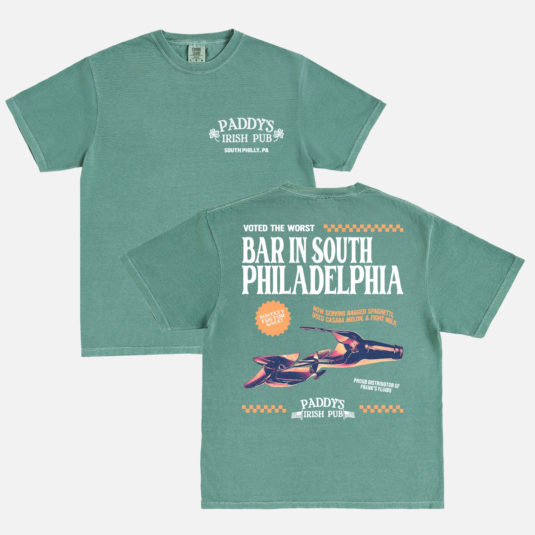 washed green comfort colors Its Always Sunny in Philadelphia tv show graphic tee shirt with funny retro worst bar in philly ad Paddy's Irish Pub logo and back graphic