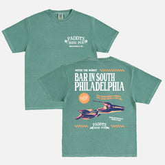 washed green comfort colors Its Always Sunny in Philadelphia tv show graphic tee shirt with funny retro worst bar in philly ad Paddy's Irish Pub logo and back graphic
