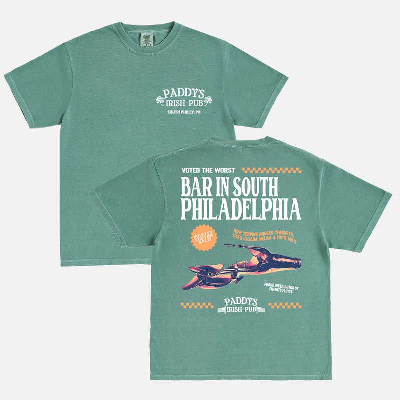 washed green comfort colors Its Always Sunny in Philadelphia tv show graphic tee shirt with funny retro worst bar in philly ad Paddy's Irish Pub logo and back graphic