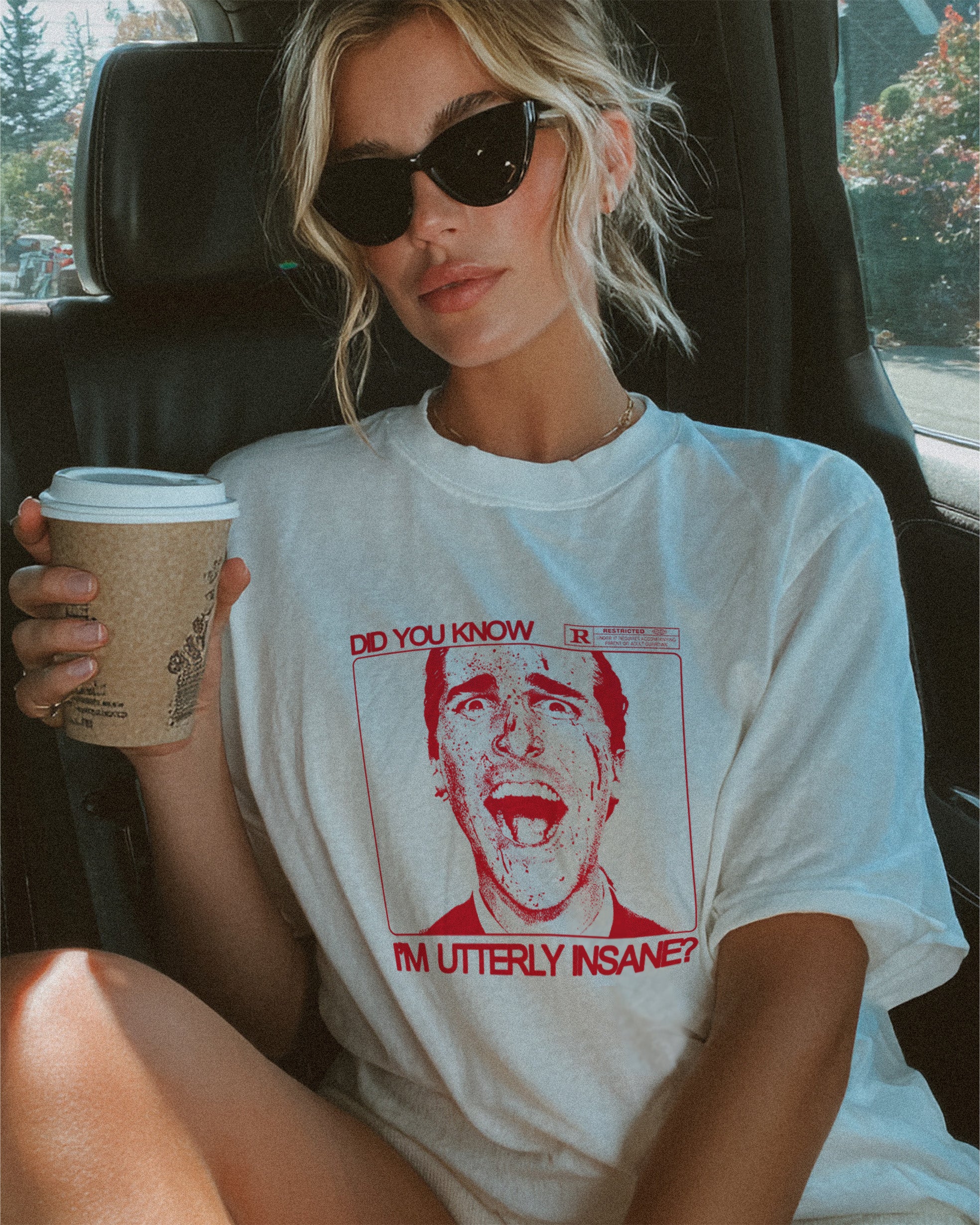 American Psycho Movie t-shirt, heavyweight drop shoulder Patrick Bateman grunge art graphic tee in light white and red unisex for sale at Throwbacks