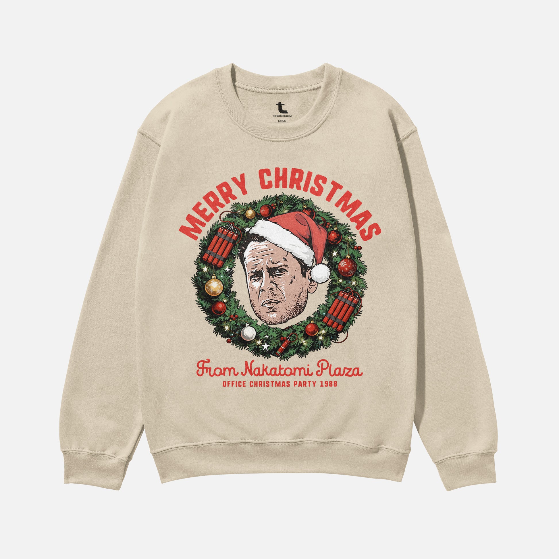 Funny Die Hard Christmas Movie sweatshirt, retro 80s John McClane NAkatomi plaza ugly xmas sweater in beige  at Throwbacks