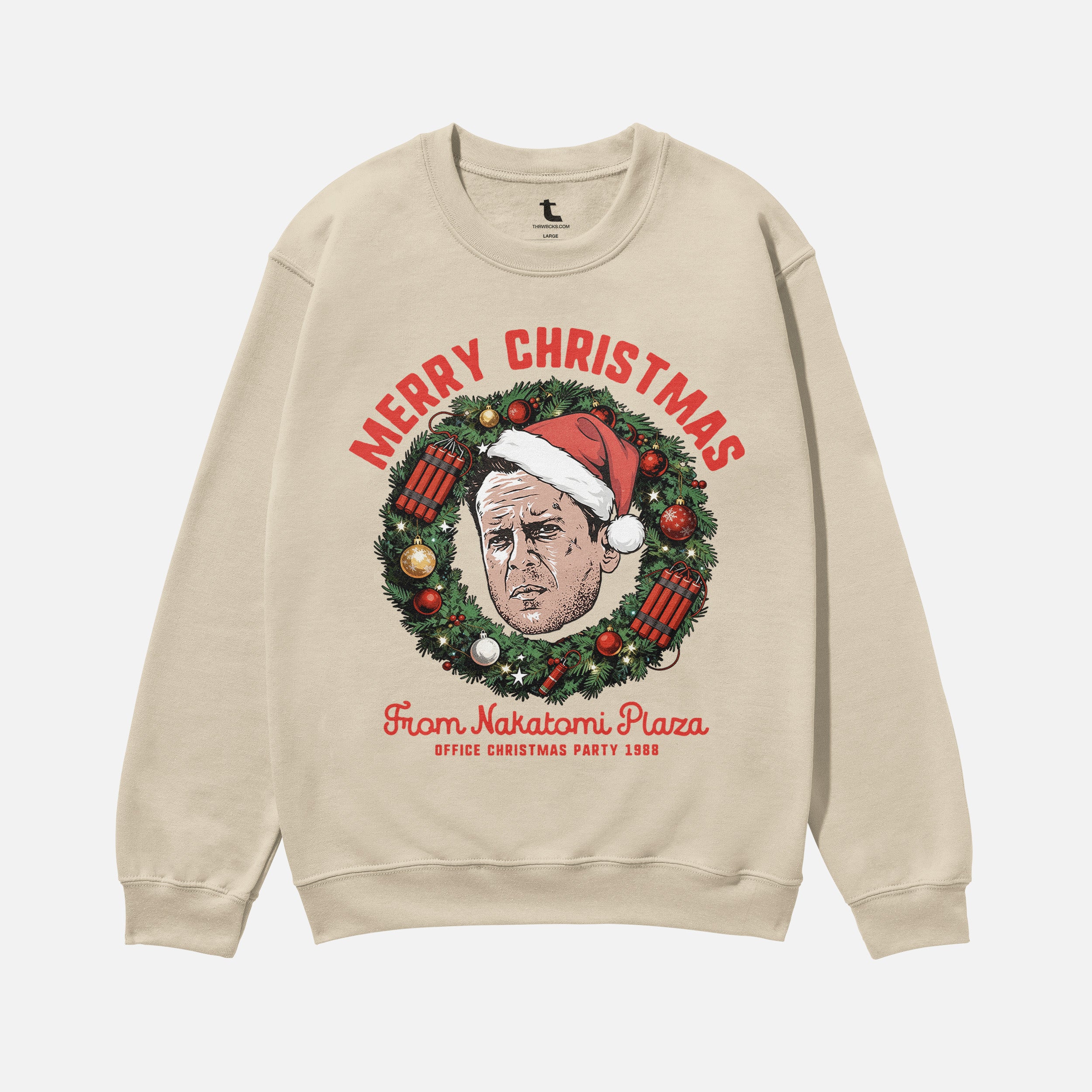 Funny Die Hard Christmas Movie sweatshirt, retro 80s John McClane NAkatomi plaza ugly xmas sweater in beige  at Throwbacks