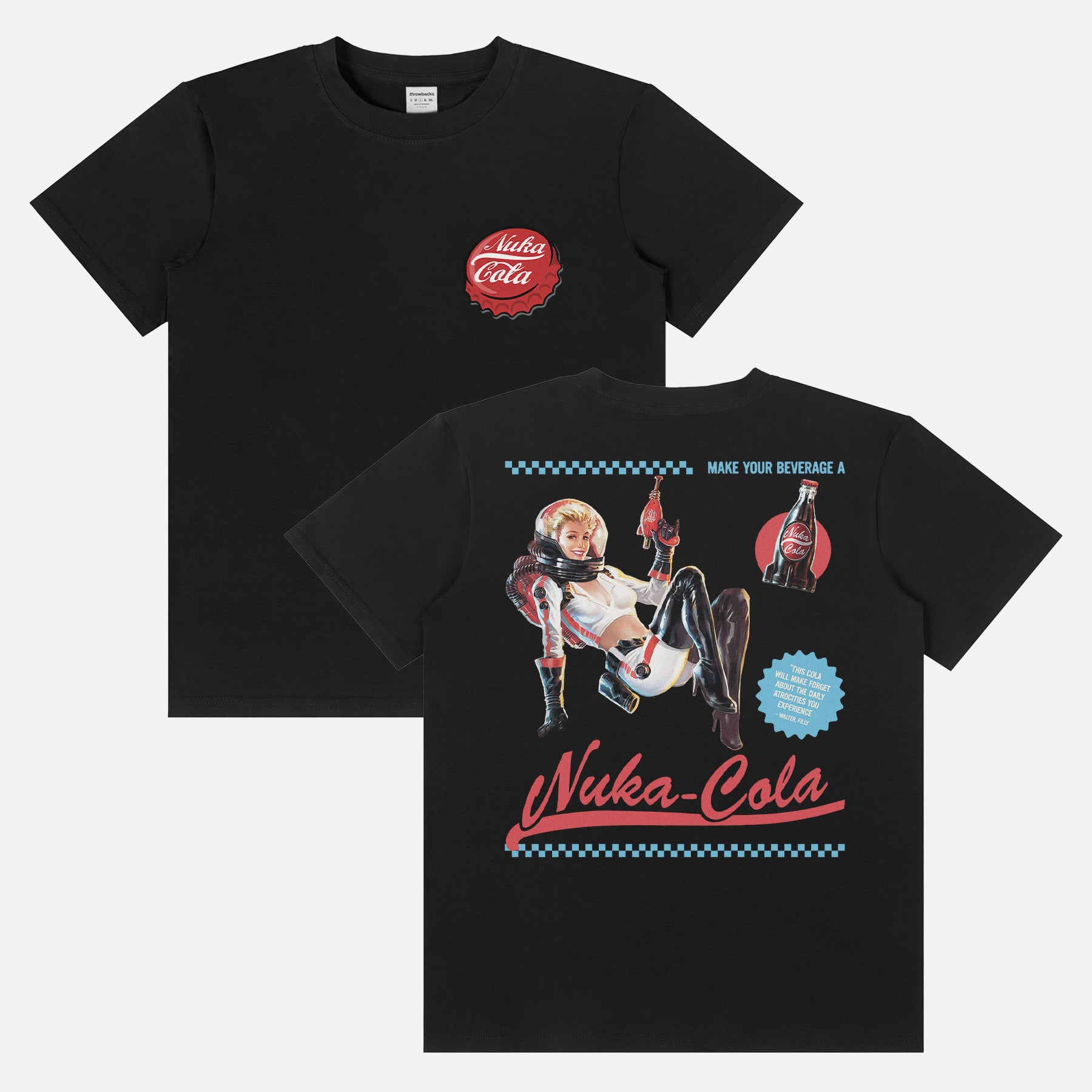 White red and blue fallout video game tv show graphic tee shirt with Nuka Cola bottle cap logo and retro space girl ad for men and women for sale at Throwbacks