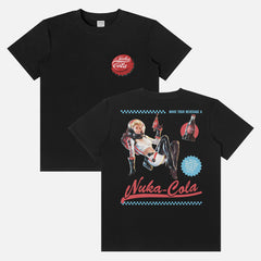 White red and blue fallout video game tv show graphic tee shirt with Nuka Cola bottle cap logo and retro space girl ad for men and women for sale at Throwbacks