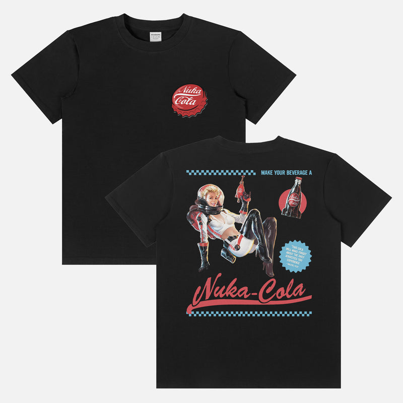 White red and blue fallout video game tv show graphic tee shirt with Nuka Cola bottle cap logo and retro space girl ad for men and women for sale at Throwbacks