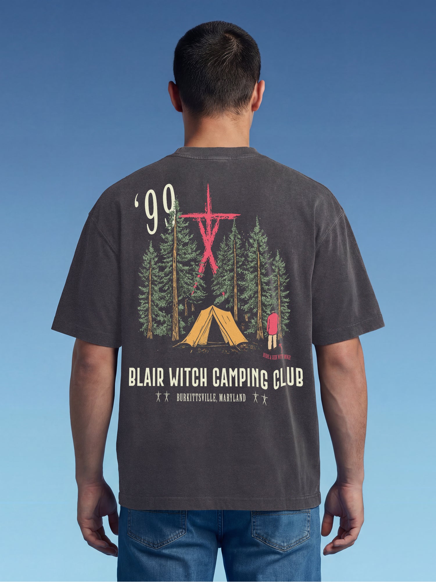 Washed Black Oversized The Blair Witch Project graphic tee, funny retro Blair Witch Camping Hiking Club promo merch t-shirt
