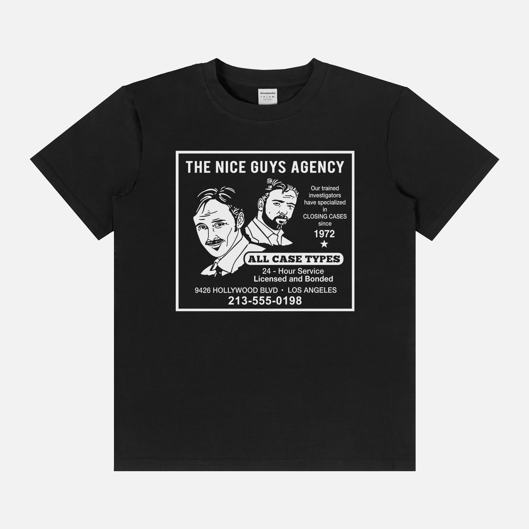 Funny black The Nice Guys Movie T-Shirt with Retro Newspaper Ad on a Unisex Graphic Tee