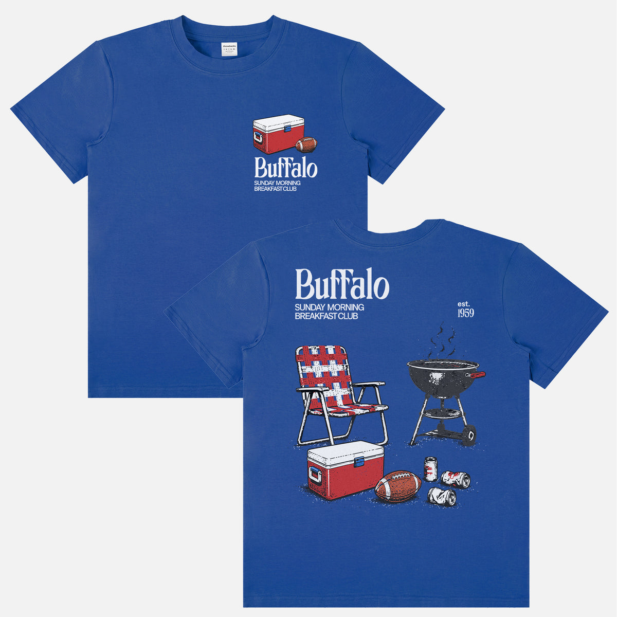 cute vintage Buffalo Bills tailgating shirt for Bills Mafia NFL fans with retro BBQ and cooler graphic on a unisex royal blue lightweight graphic tee for sale at Throwbacks