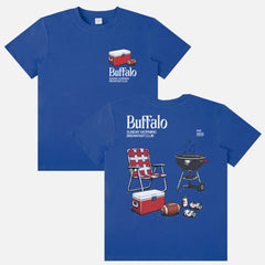 cute vintage Buffalo Bills tailgating shirt for Bills Mafia NFL fans with retro BBQ and cooler graphic on a unisex royal blue lightweight graphic tee for sale at Throwbacks