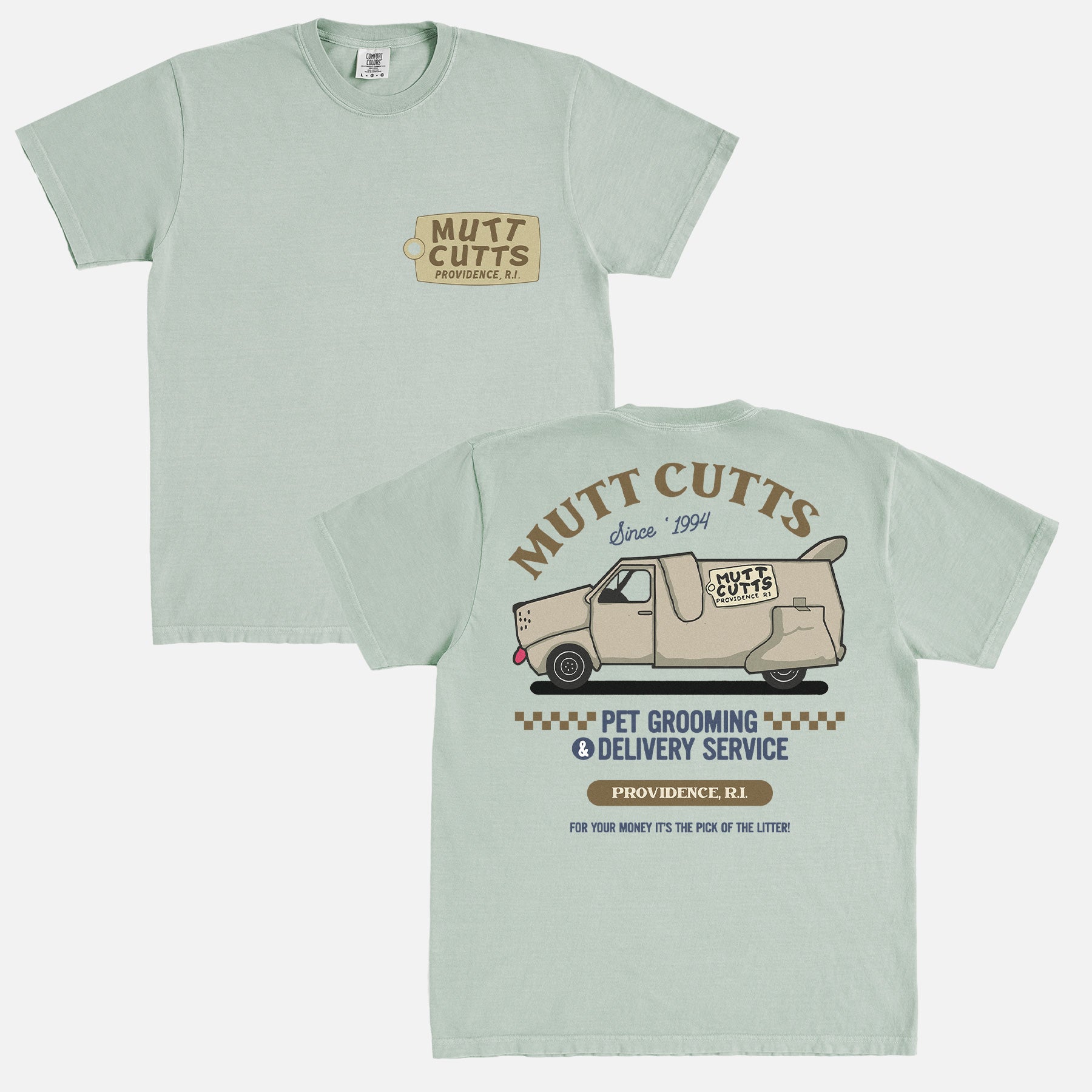 Funny Dumb and Dumber movie t-shirt with Mutt Cutts logo and sheepdog can on a unisex comfort colors tee