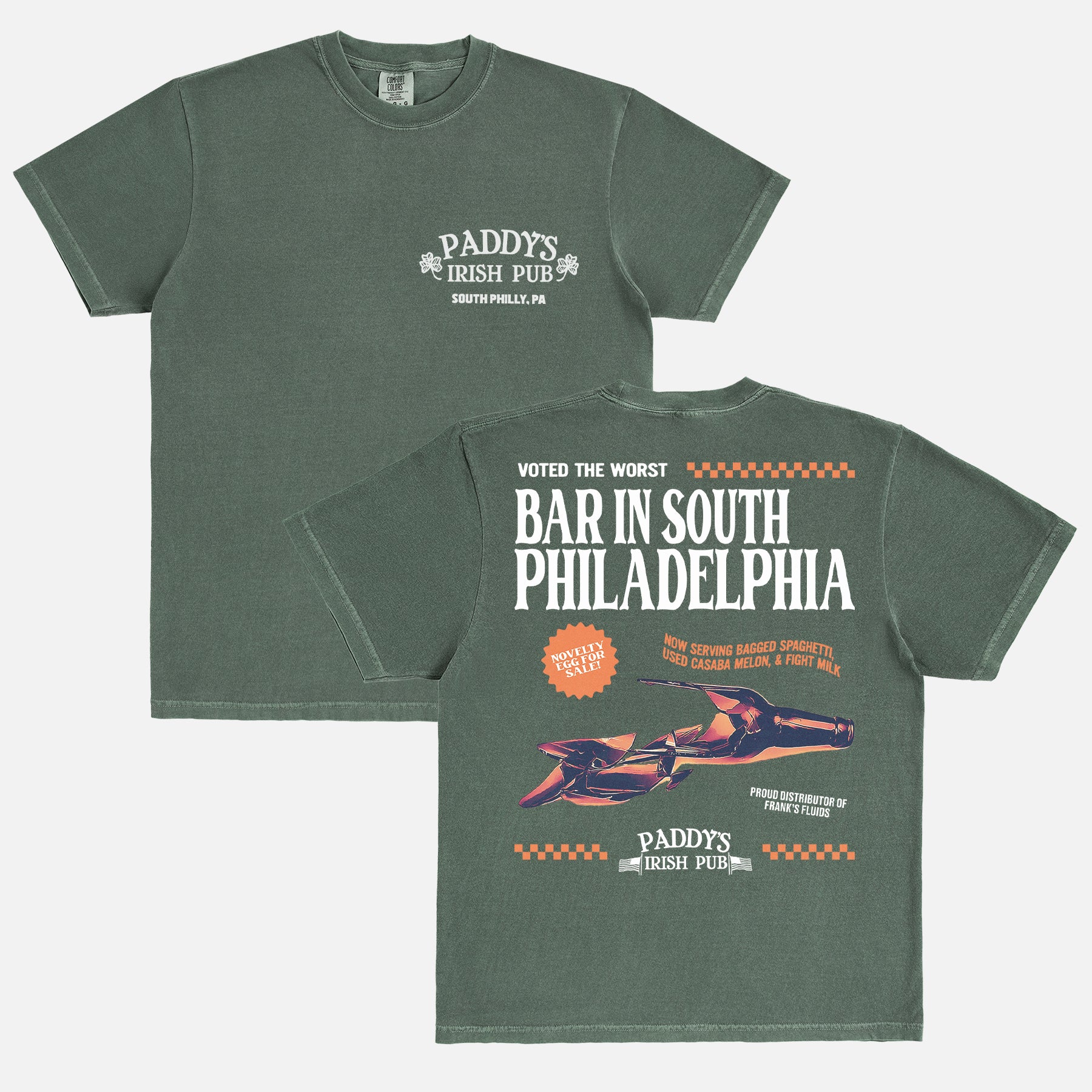washed green comfort colors Its Always Sunny in Philadelphia tv show graphic tee shirt with funny vintage Paddy's Irish Pub logo and back graphic