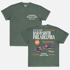 washed green comfort colors Its Always Sunny in Philadelphia tv show graphic tee shirt with funny vintage Paddy's Irish Pub logo and back graphic